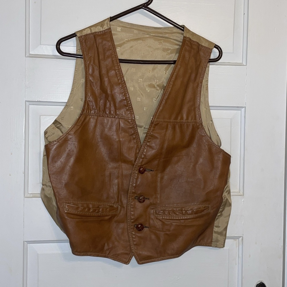 Vintage Medium Brown Front Leather Vest, Gold Lining. Front Pockets. Man's Large